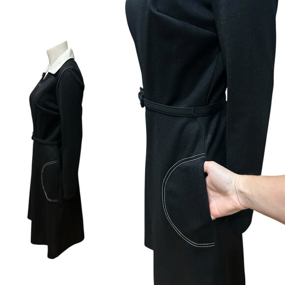Vintage 1970s Black and White Mod Belted Dress Long Sleeve / Small - - Picture 3 of 4